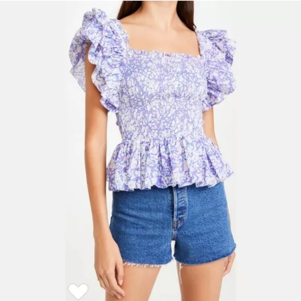 Love the Label square neck smocked flutter sleeve top Martine lavender S
